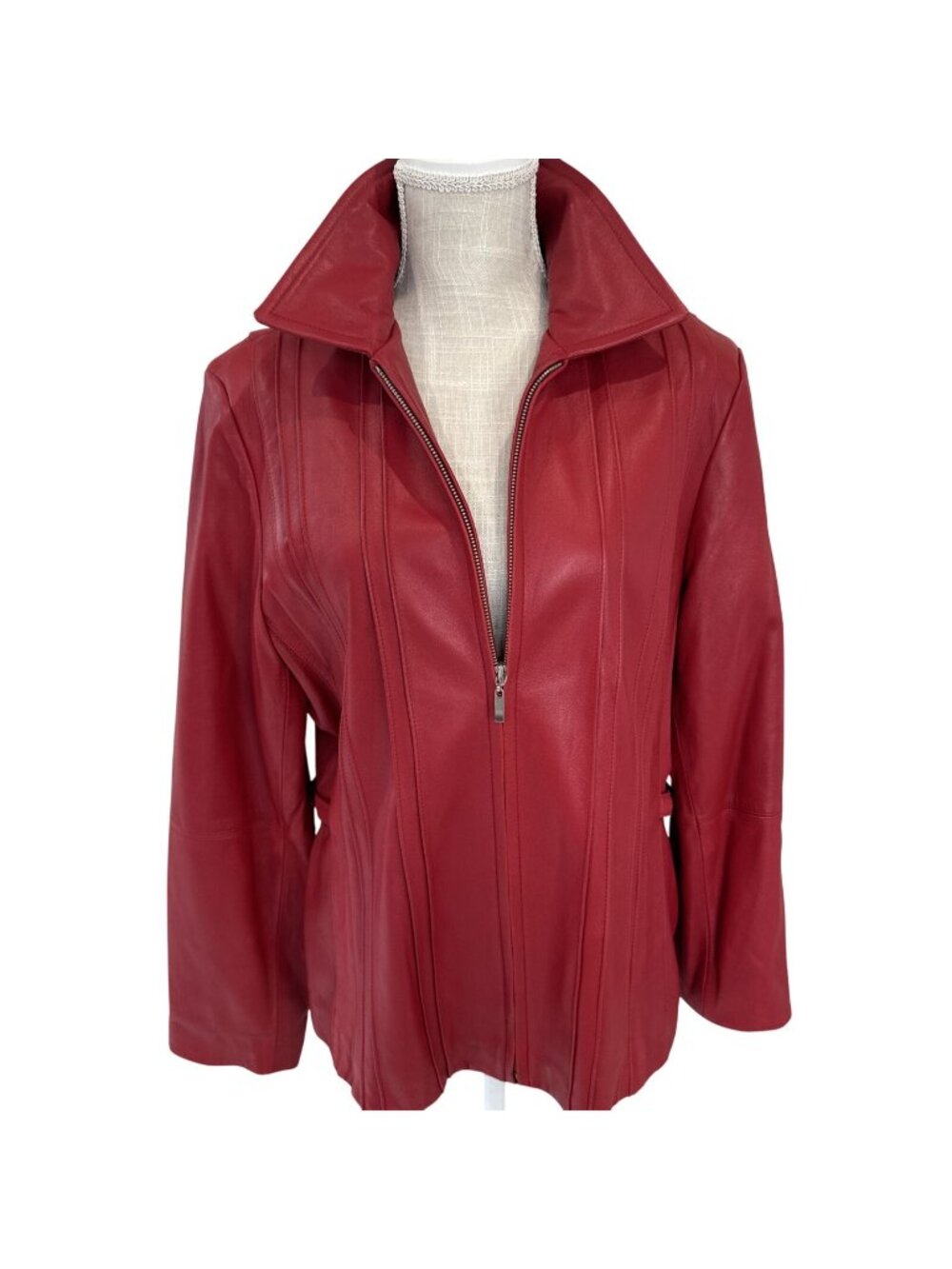 LNR Womens Red Leather Jacket With Zipper Front & High Collar XL